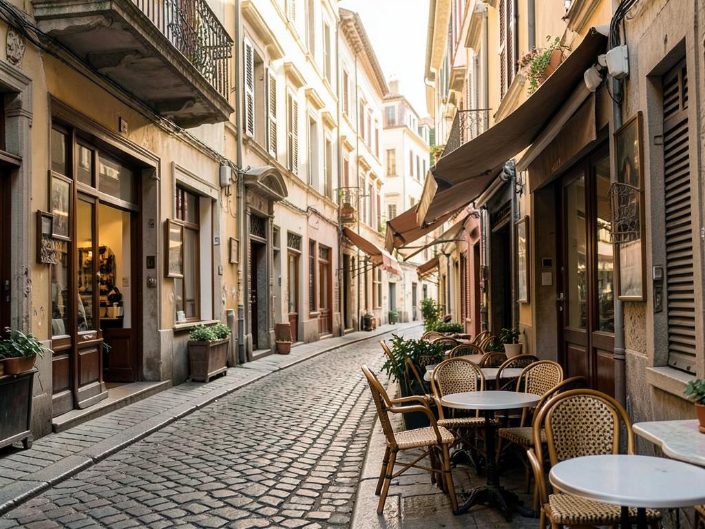 Historic European street with cafe tables