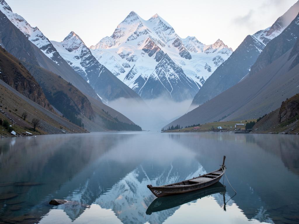 Snow peaks reflected in a still Himalayan lake