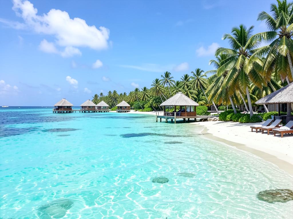 Tropical lagoon with palm trees and villas